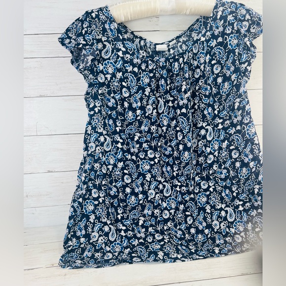 GAP Small Floral Flutter Scoop Floral Cotton-Rayon Blouse Blue & White - Picture 3 of 9